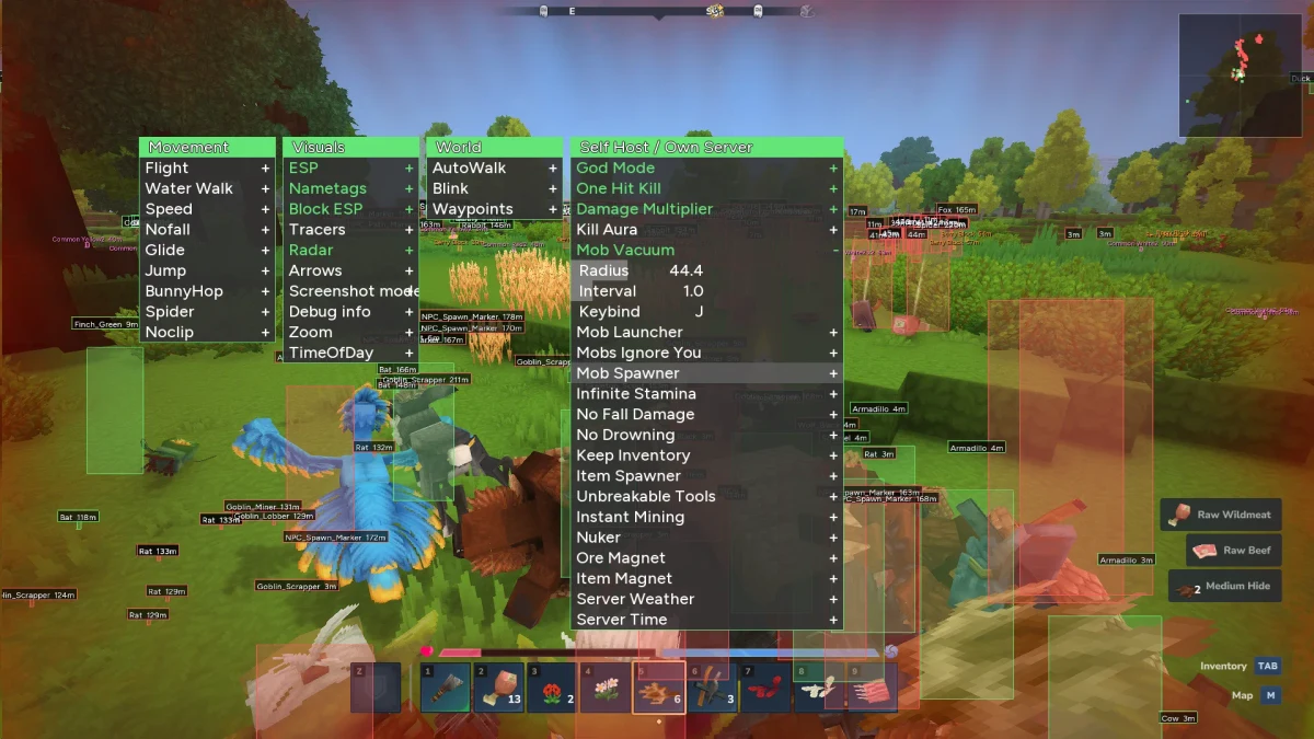 Hytale cheat menu showing the host tab open in game